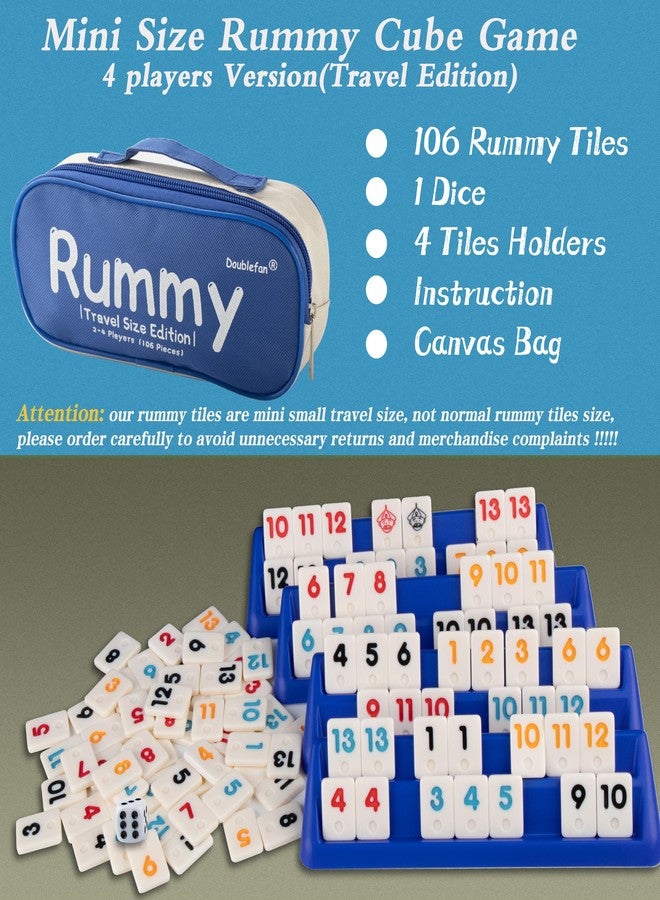 Doublefan Mini Rummy Cube Set, Mini Size Rummy Game with Portable Bag, Small Travel Game for Adult and Kids,106 Tiles, 4 Playing Rack, 1 Dice (2-4 Players) - Image 3